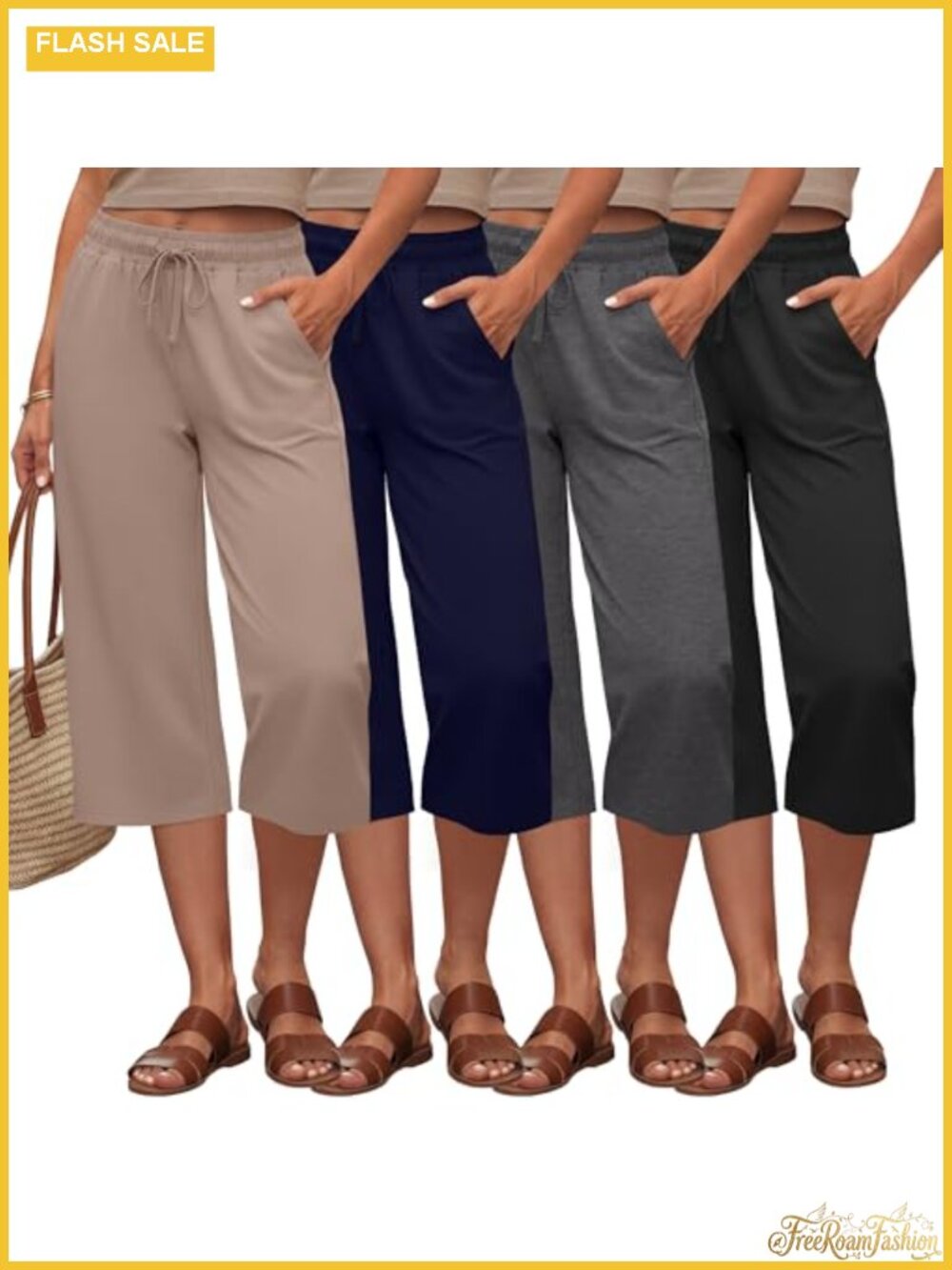 4 Pack Women's Cotton Capri Sweatpants Drawstring Wide Leg Cropped Lounge